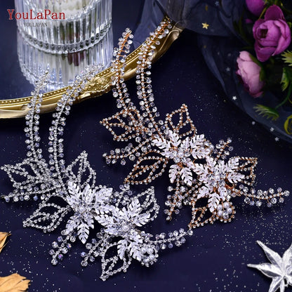 TOPQUEEN Bridal Side Clip Wedding Tiara Bridal Hairpins Handmade Rhinestone Women Headwear Alloy Flower Bride Headdress HP254