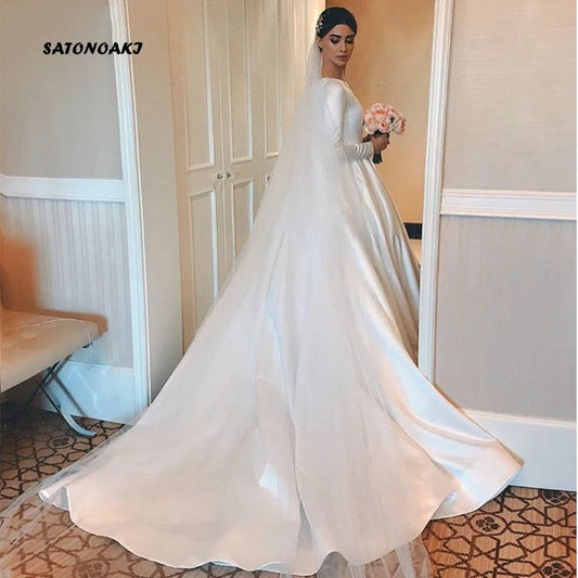 Vestidos De Novia Simple Vintage White Ivory Satin Wedding Dress for Women Long Sleeves Princesa Bridal Gown Robe Mariée Custom