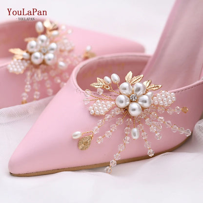 YouLaPan 2pcs/lot Removable Bride High Heel Clip Rhinestone Wedding Shoes Buckle Women Decoration Pearls Floral Bead Shoe Clips