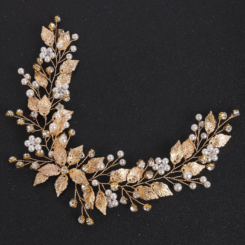 Gold Leaves Crystal Pearls Bride Headband Rhinestone Hair Ornaments Women Headpieces Flower Decor Wedding Hair Accessories