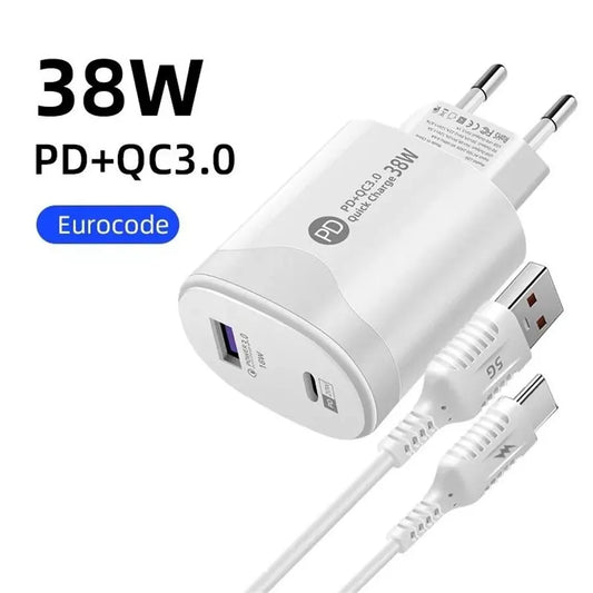 Hypothécaire al-Chargeur mural 38W PD 20W Power3.0, adaptateur de charge rapide avec câble USB de type C pour Xiaomi iPhone Samsung