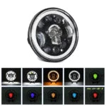 Skull Pattern Motorcycle LED Headlight, High/Low Beam, Turn Signal, DRL, Colorful Angle Eye – Single Unit