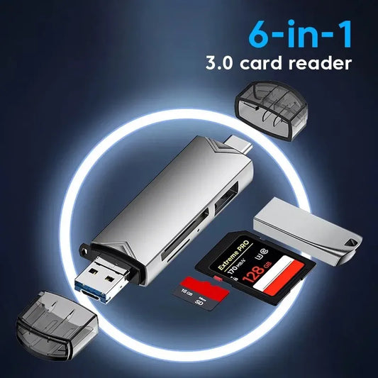 Lecteur de carte USB 3.0 multifonction 6 en 1, disque U, type C, micro USB, clé USB TF, clé USB SD, adaptateur de lecture de carte mémoire, accessoires de téléphone