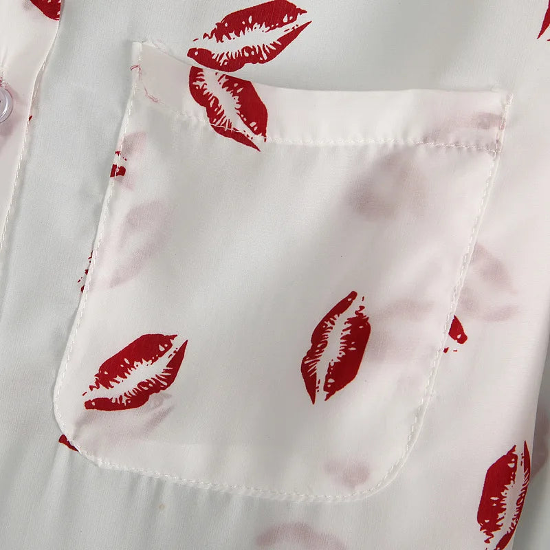 New Fashion Retro Women Sexy Red Lips Prints Chiffon Blouse Ladies Elegant Long Sleeve Shirts Casual Tops White Black Blusa