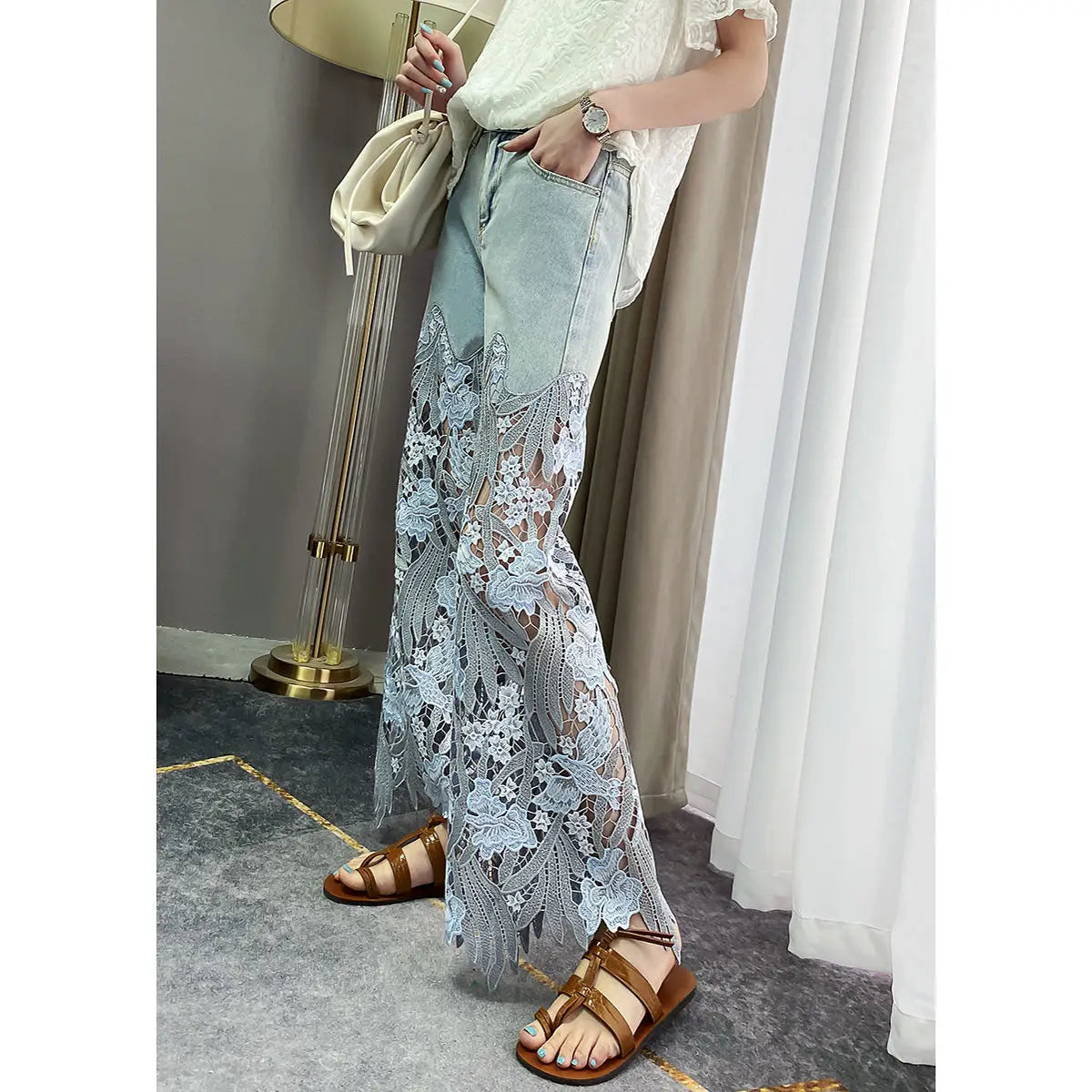 2023 Summer New Vintage Flower Hollowed-out Jeans Cool Pants Women's Pants Loose Street Casual Trousers