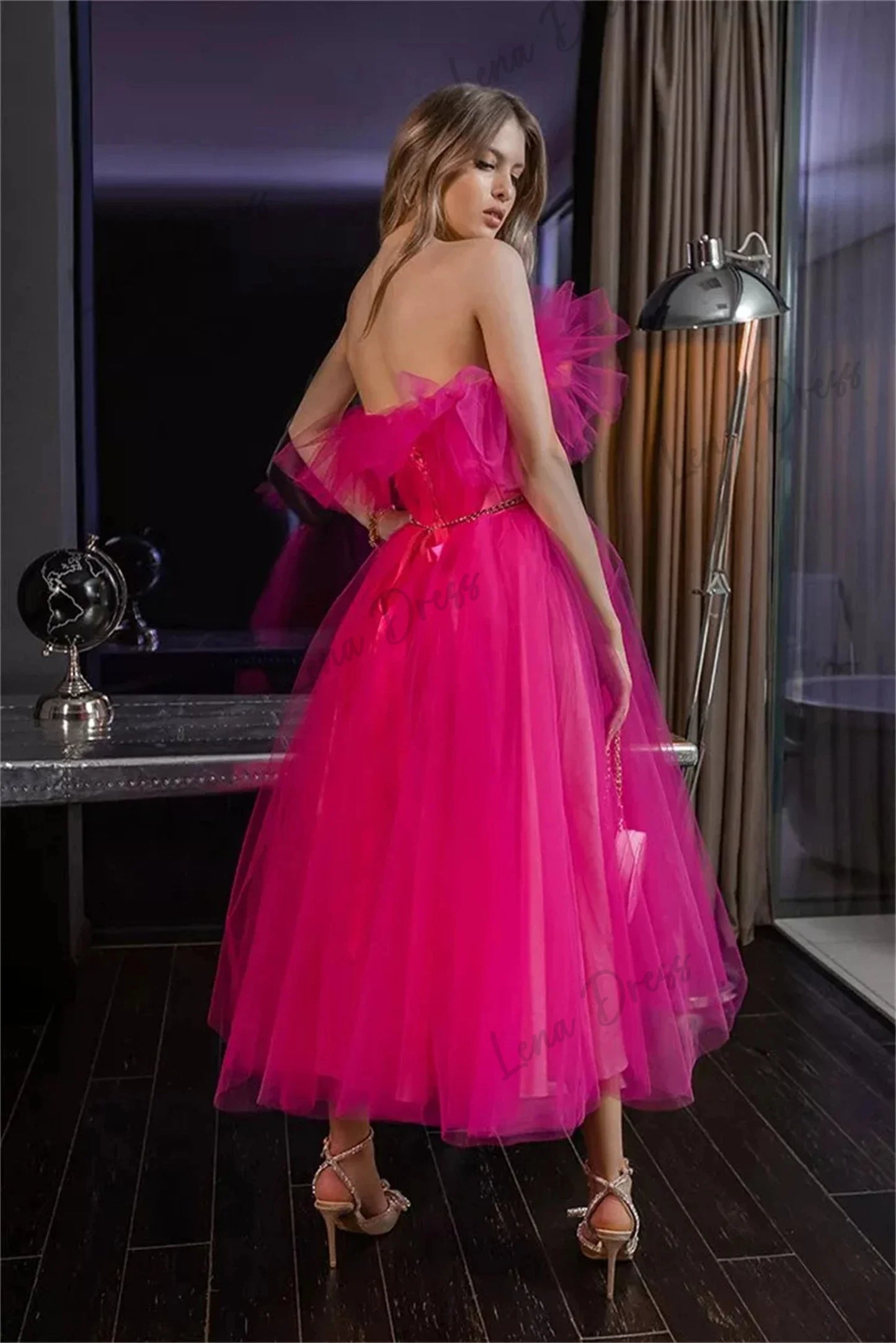 Lena-Sparkling purple red ruffled chiffon back to school dress tea long and short Hoco ball dress A Line Vesidos De Gala Party