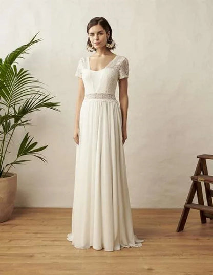 LSYX Chiffon V-Neck Boho Wedding Dress For Women 2024 Short Sleeves Floor Length Backless Bridal Gown Robe De Marie Custom Made