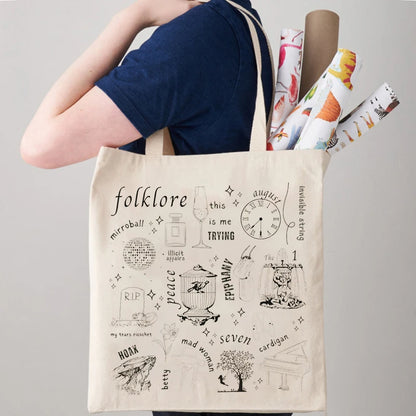 1 pc folklore Tote Bag, Taylor Tote Bag, Book Bag, TS Merch, Shopping Bag, Shoulder Bag, Canvas Bag, Christmas Birthday Gift