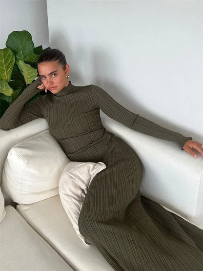 Tossy Autumn Ruffled Knitwear Long Dress Female Long Sleeve Loose Ribbed High Waist Maxi Dress Streetwear Knit Solid Women Dress