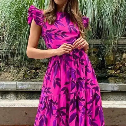 Womens Dresses 2024 Spring New Fashion Printed Temperament Flying Sleeves High Waist Casual Long Dress