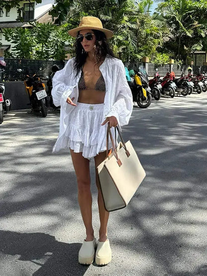 White Long Sleeved Shirt Jacket Shorts Sets Summer Female Stand Collar Single Breasted Suits Casual Vacation Casual Beachwear