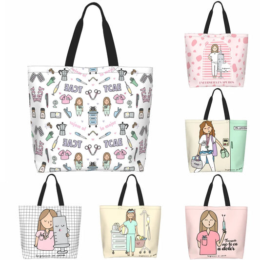 Cartoon Doctor Nurse Enfermera En Apuros Grocery Bags Large Capacity Aesthetic Merch For Woman Street Shoulder Bag