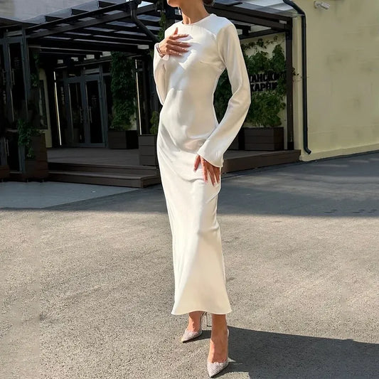 Ellafads Women Maxi Dress Autumn Elegant Solid Round Neck Loose Satin White Party Long Dresses High Streetwear For Female