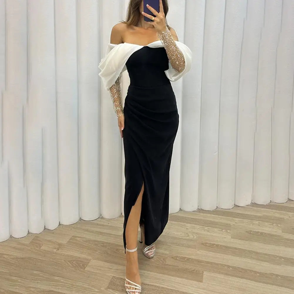 Women Evening Dress Off Shoulder Low-cut Tight Waist Split Hem Mesh Sleeve Color Party Wedding Maxi Dress