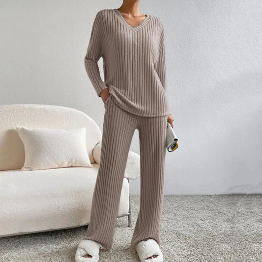 Womens Sweater Pants Suit Thread Knitted Loose Pockets Elastic Waist Casual Soft Wide Leg Homewear Fall Winter Pajamas Set