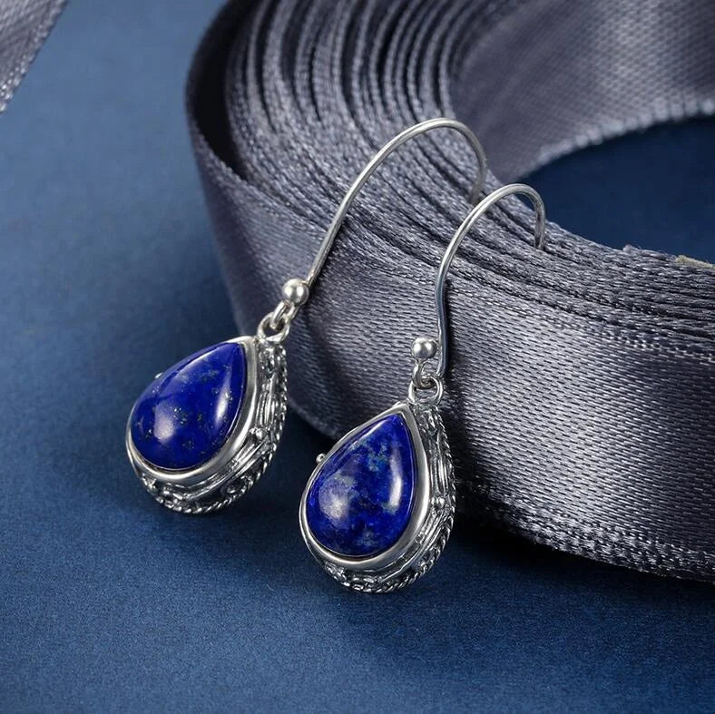 2021 Trendy Silver Color Natural Lapis Lazuli Earrings Jewelry Water Drop Earrings for Women