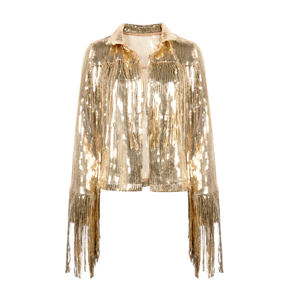 Harajuku Unisex Sequin Fringed Dance Performance Bomber Jacket Beaded Cardigan Coat Autumn Silver Gold Shiny Tassels Outtwear