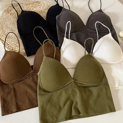 V-Neck Camisole Women Sexy Stretch Push Up Bra with Chest Pads Knitted Crop Top for Female Short Tube Top Tops Bralette Y2k