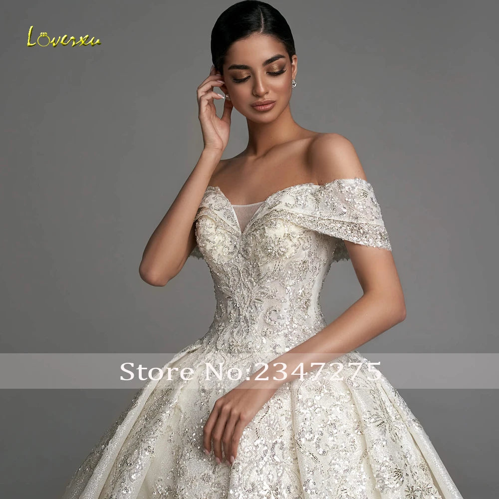 Loverxu Luxury Princess Wedding Dresses 2024 Sweetheart Off The Shoulder Robe De Mariee Shiny Lace Beaded Ball Gown Bride Dress