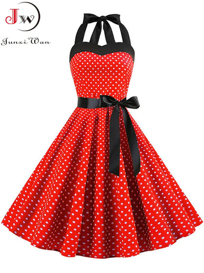 Polka Dot Dress Women Vintage Swing Halter Belt 50s 60s Rockabilly Prom Party Dresses Retro Feminino Vestidos