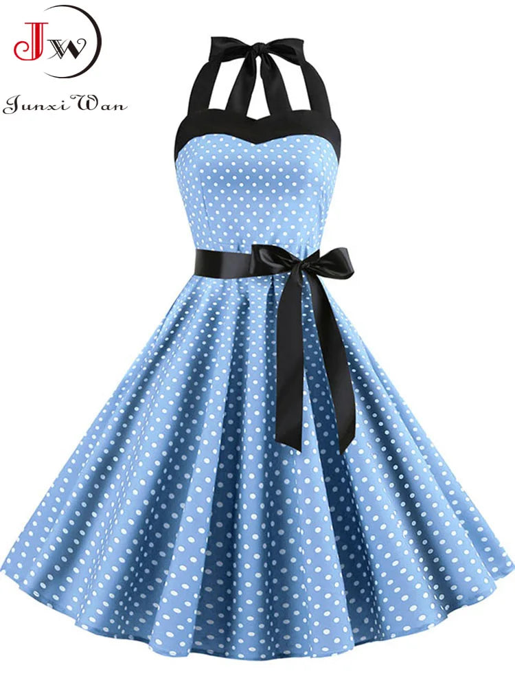 Polka Dot Dress Women Vintage Swing Halter Belt 50s 60s Rockabilly Prom Party Dresses Retro Feminino Vestidos