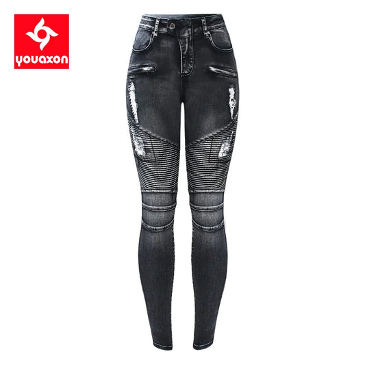 2168 Youaxon New Fashion Motorcycle Zip Jeans Women`s Mid High Waist Stretch Denim Skinny Pants Motor Jeans For Women Trend