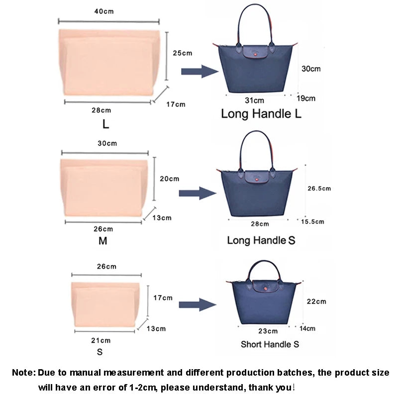 Felt Insert Bag Fits for Longchamp Handbag Felt Liner Bag Makeup Bag Support Travel Portable Purse Organizer Fit Various Bags