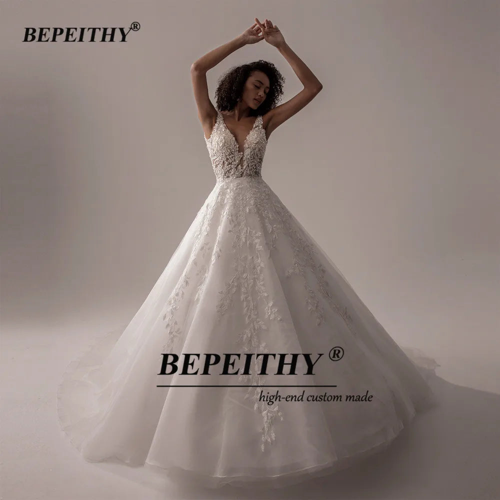 BEPEITHY Vestido De Noiva V Neck Sleeveless Wedding Dresses 2022 For Women A Line Ivory Lace Romantic Bride Boho Bridal Gown