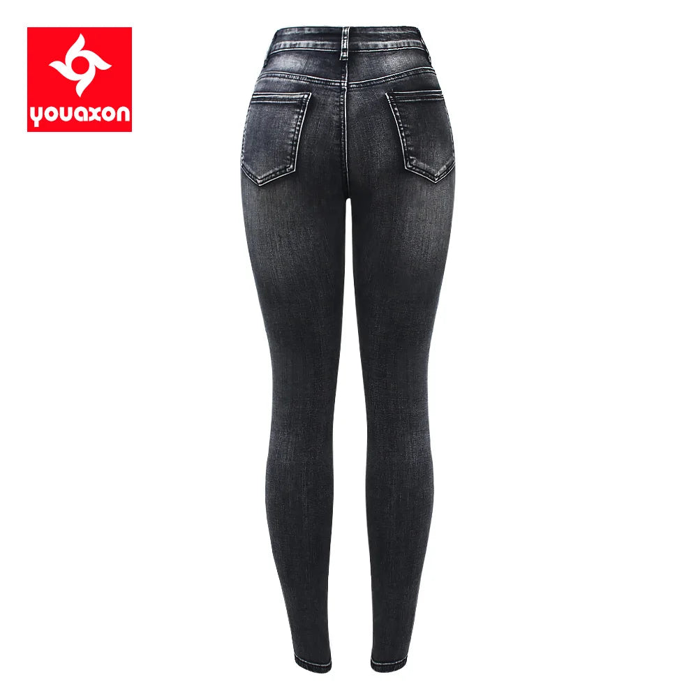 2168 Youaxon New Fashion Motorcycle Zip Jeans Women`s Mid High Waist Stretch Denim Skinny Pants Motor Jeans For Women Trend