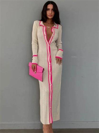 Tossy Patchwork Slim V-Neck Dress Cardigan For Women Contrast Long Sleeve High Street Maxi Dress Female Elegant Party Dress 2023