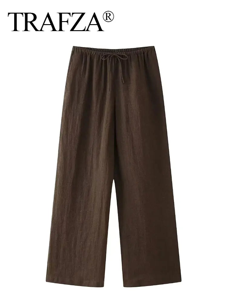 TRAFZA 2024 Spring Trousers For Women Fashion Linen Brown Loose Long Pants Female Vintage Versatile Women's Wide Leg Pant