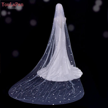 YouLaPan V83 Luxury Bridal Veil Pearl with Flowers Wedding Veil Long with Comb 1 Tier Bride Veil Short Flower Chiffon Veil