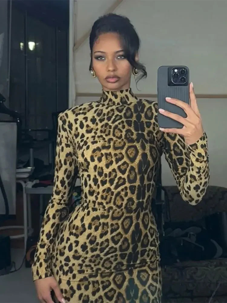 Sexy Leopard Printed Half High Collar Dress Women Long Sleeve Zipper Bodycon Maxi Dresses 2024 Sping Summer Chic Ladies Vestidos