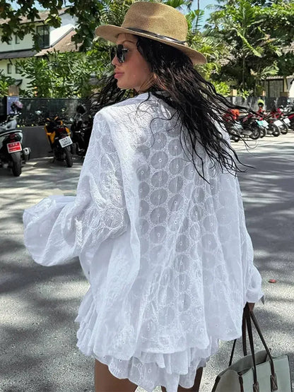 White Long Sleeved Shirt Jacket Shorts Sets Summer Female Stand Collar Single Breasted Suits Casual Vacation Casual Beachwear