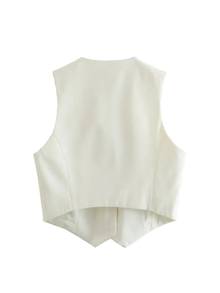 Aoaiiys Vest Women Cropped Waistcoat Fashion Front Buttons Tops Vintage V Neck Sleeveless Female Outerwear White Chic Vests New