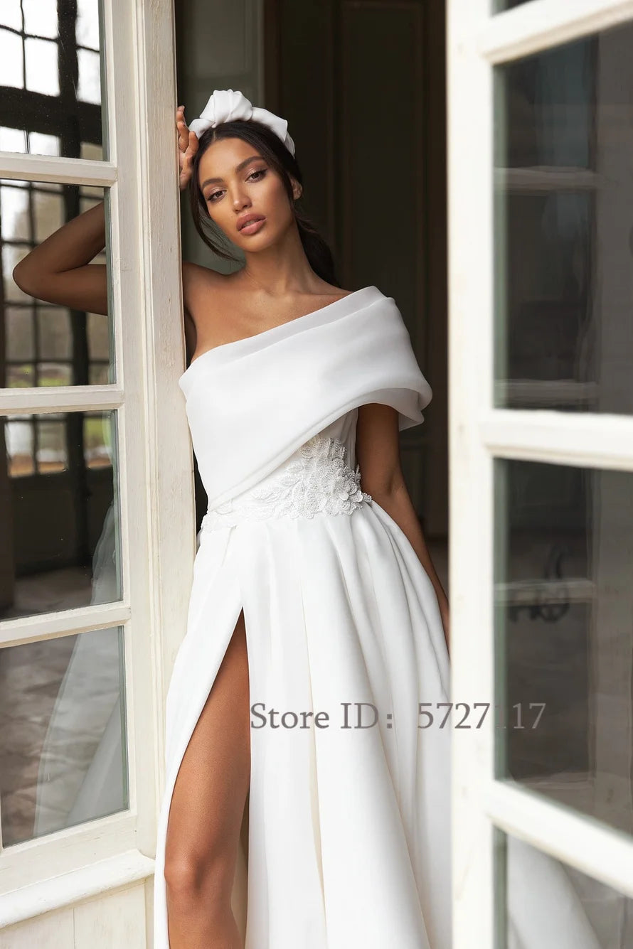 Elegant Appliques One Shoulder Wedding Dresses Split A-Line Bride Gow With Bow Long Train Bride Dress Vestidos