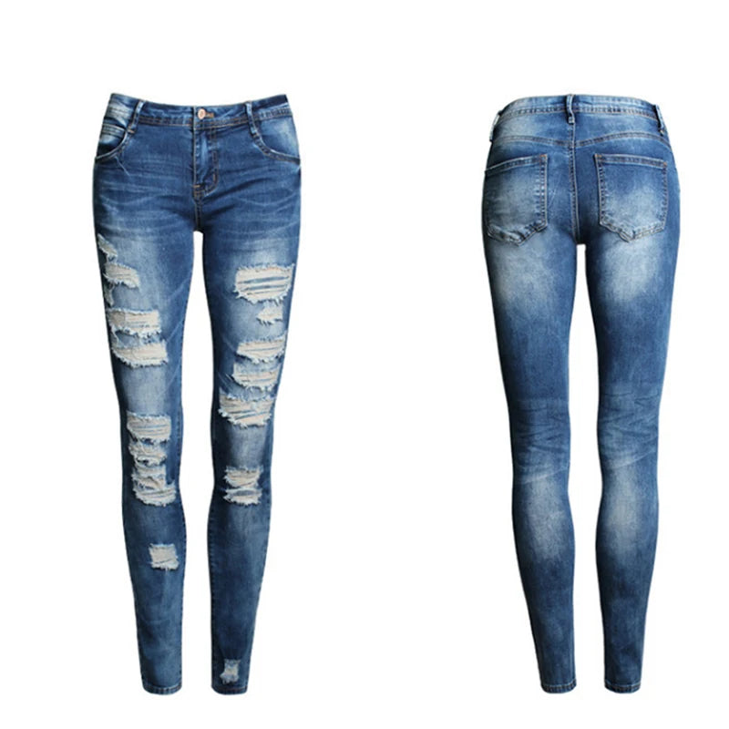 Women Jeans Blue Slim Ripped Jeans for Women Skinny Distressed Washed Stretch Denim Mom Jeans High Waist Pants Femme Bleached