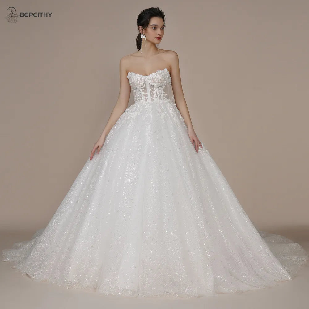 BEPEITHY Princess Strapless Ivory Glitter Wedding Dresses 2023 For Women Court Train Bride 3D Flower Romantic Shinny Bridal Gown