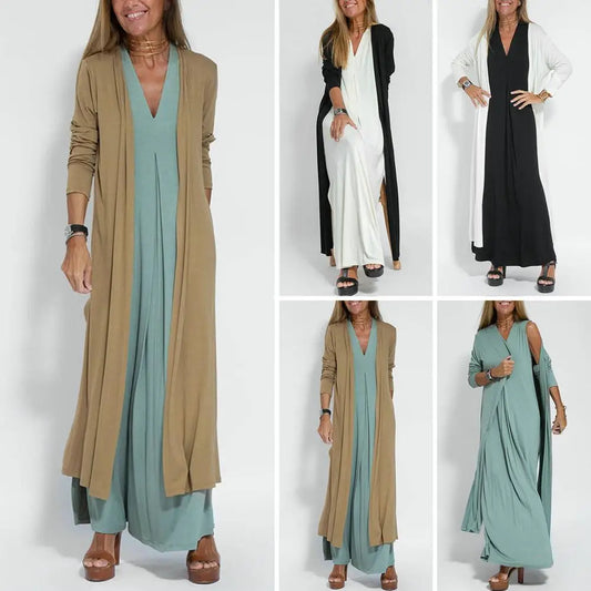 Summer Women Loose Dresses Elegant Office Lady Long Dress Fashion Sleeveless Dress With Autumn Long Sleeve Cardigan Coat