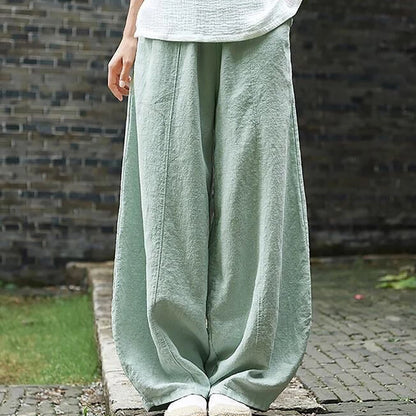 Spring Summer 2023 Cotton Linen Style Bloomers Wide Leg Pants Women Vintage Full Length Elegent Pants Solid Elasitic Waist S-5XL