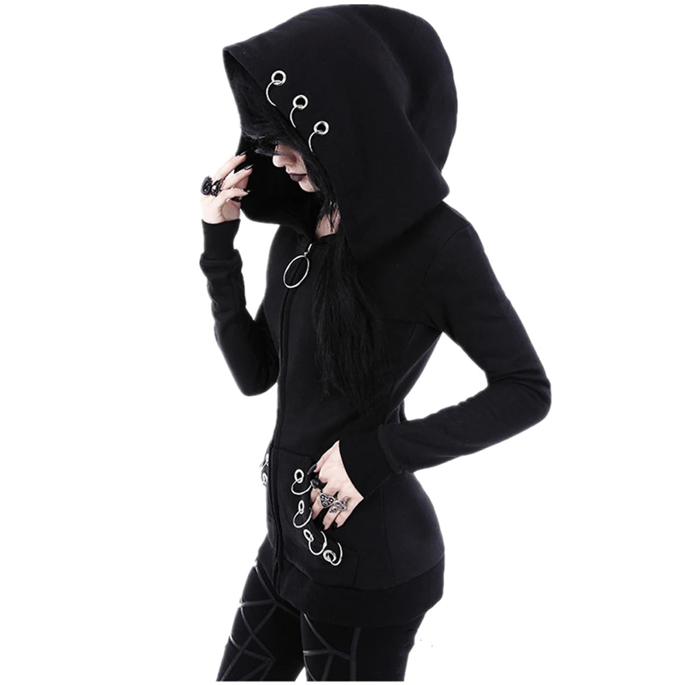 XUANSHOW 2023 Women Hoodies Gothic Punk Iron Ring Sweatshirts Autumn Winter Long Sleeve Zip-up Black Jacket Zipper Ladies Coat