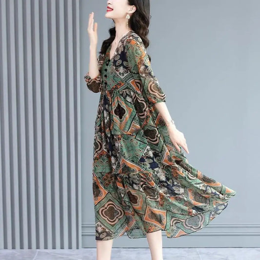 Vintage Women Midi Dress Pleated Printed Loose Hem Button Decor Patchwork Dress Up V Neck Lady Summer Dress Female Clothes