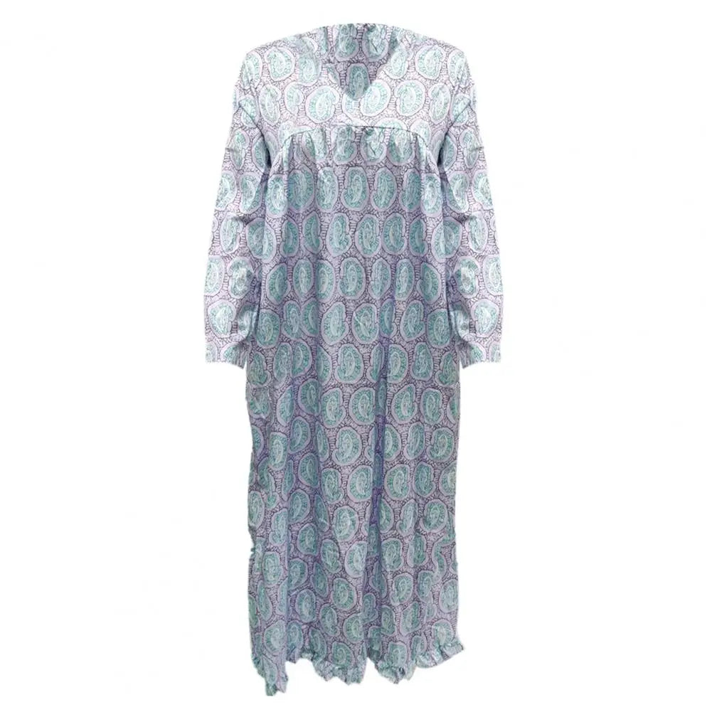 Retro Summer Women Dress Printed V Neck Shirring Edge Long Sleeves Loose Pullover Plus Size Bohemian Maxi Dress