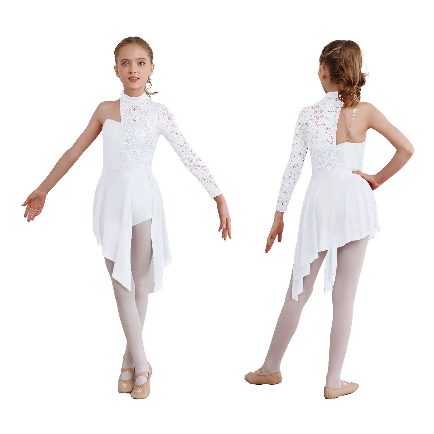 Kids Girl One Shoulder Lyrical Modern Dance Dress Lace Asymmetric Split Ballet Gymnastics Figure Skating Leotard Dress Dancewear