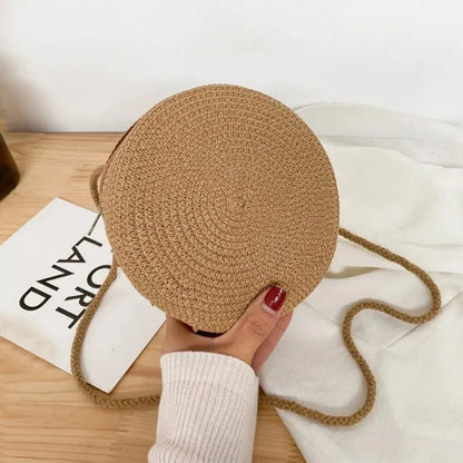 Minimalist Straw Bag Round Crossbody Purse Women Shoulder Vocation Style Handbag