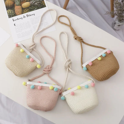 Handmade Summer Children Girls Shoulder Bag Daisy Flower Straw Messenger Bag Kids Keys Coin Purse Cute Princess Mini Handbag