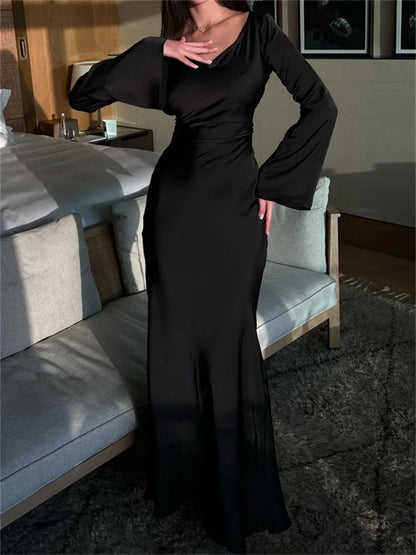 Tossy Black Satin Bandage Maxi Dress Women Slin High Waist Fashion Patchwork Elegant Long Sleeve Dress Ladies Gown Long Dress