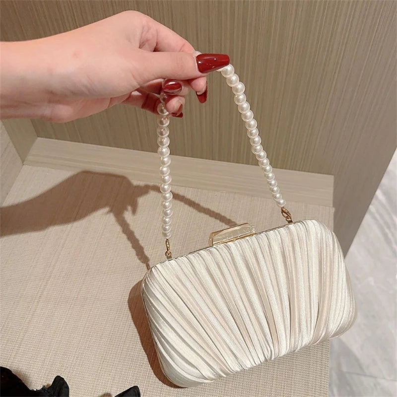 Women Stylish Ruffled Handbag with Pearl Beaded String Strap Elegant Pleated Evening Clutch Lady Banquet Prom Party Shoulder Bag