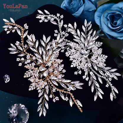 TOPQUEEN Bridal Side Clip Wedding Tiara Bridal Hairpins Handmade Rhinestone Women Headwear Alloy Flower Bride Headdress HP254