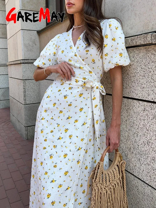 Casual Women's Summer Dresses 100% Cotton Floral Print A-line Midi Dress with Side Slits Long Elegant White Dress for Women 2024